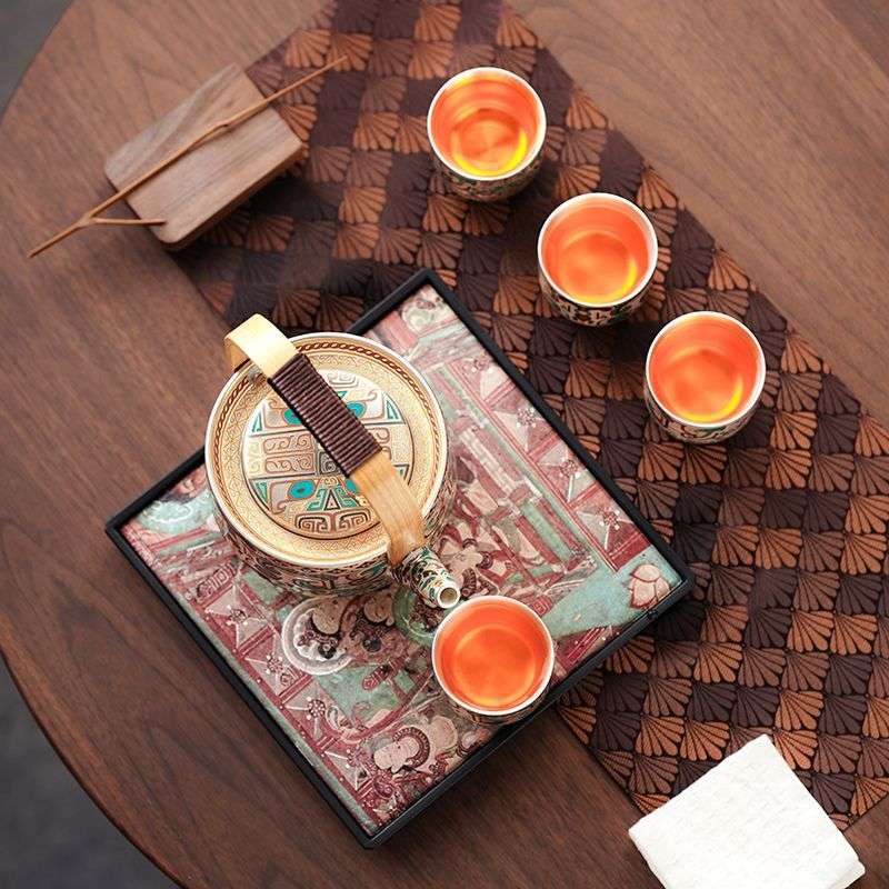 Handcrafted Silver-Gilt Ceramic Kung Fu Tea Set With Tea Tray