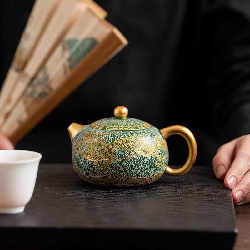 Master Zhou Hongjie Handcrafted Green Clay Yixing Teapot with Gold - Silver Inlay