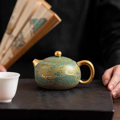 Master Zhou Hongjie Handcrafted Green Clay Yixing Teapot with Gold - Silver Inlay
