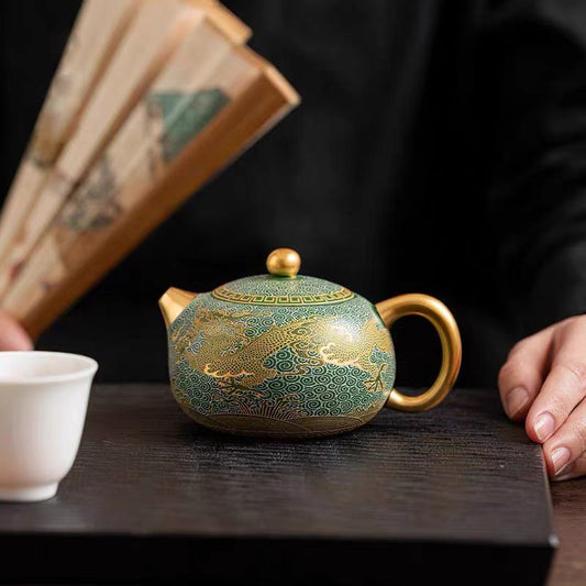 Master Zhou Hongjie Handcrafted Green Clay Yixing Teapot with Gold - Silver Inlay