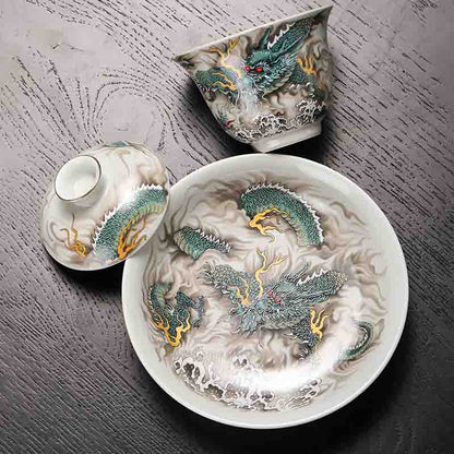 Handcrafted Azure Dragon 999 Fine Silver Tea Set
