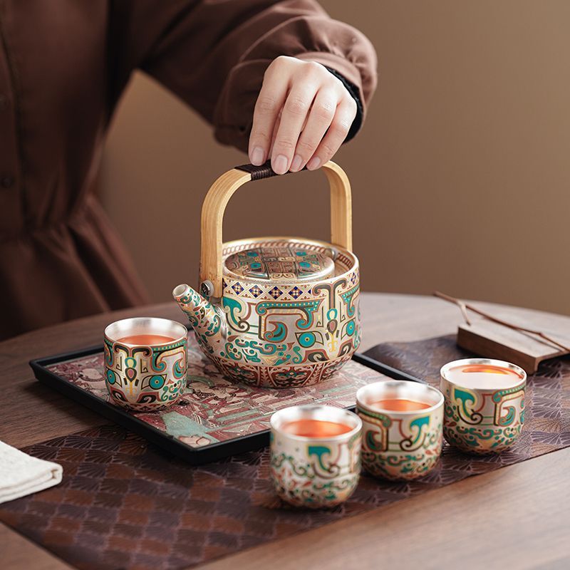 Handcrafted Silver-Gilt Ceramic Kung Fu Tea Set With Tea Tray