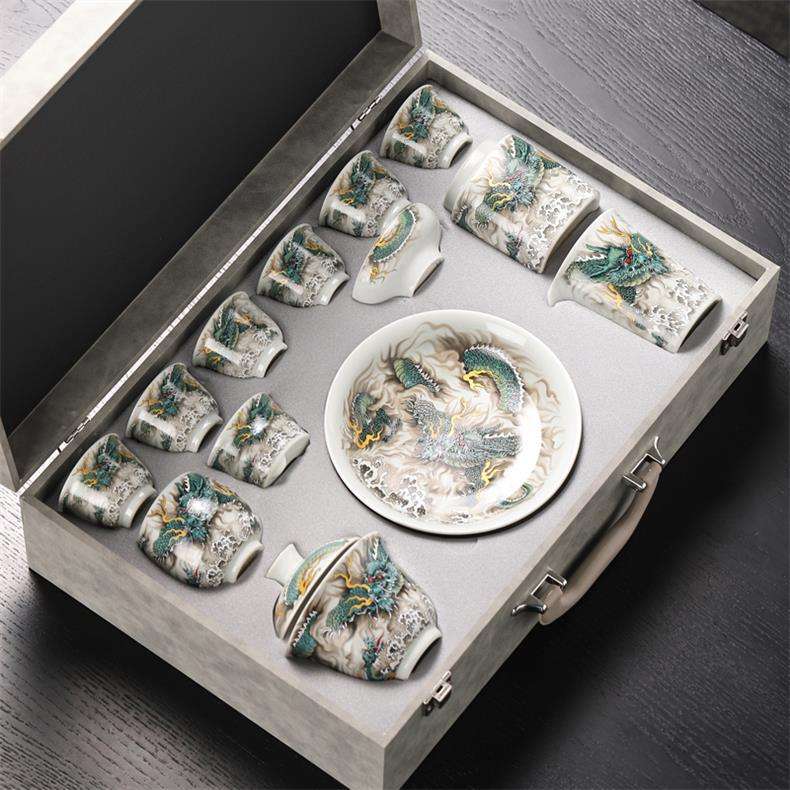 999 Fine Silver Dragon Tea Set – Porcelain with Silver Inlay Gaiwan & Teacups