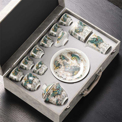 999 Fine Silver Dragon Tea Set – Porcelain with Silver Inlay Gaiwan & Teacups