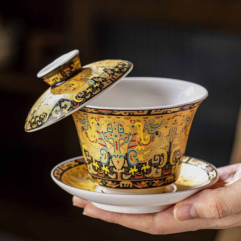 Handcrafted Tea Set Mutton Fat White Porcelain Gongfu Thangka Gaiwan