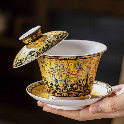 Handcrafted Tea Set Mutton Fat White Porcelain Gongfu Thangka Gaiwan