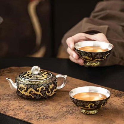 Handcrafted 999 Silver-Gilt Ceramic Travel Tea Set