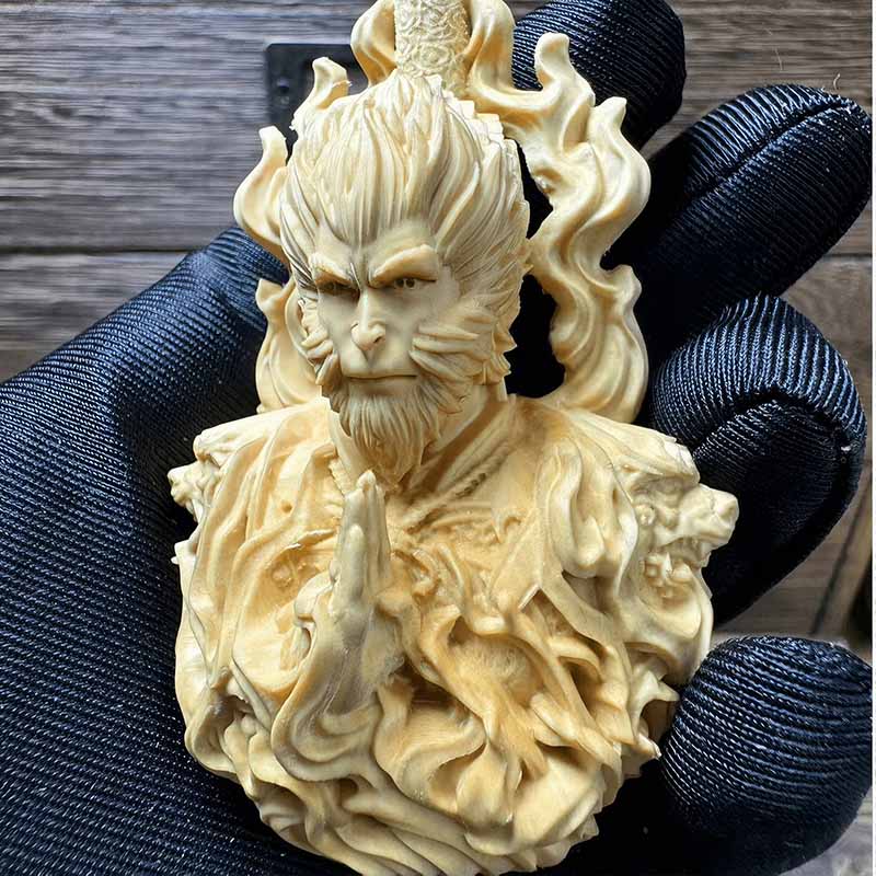 Hand-Carved Boxwood “ Wukong” Pendant – Monkey King Sculpture