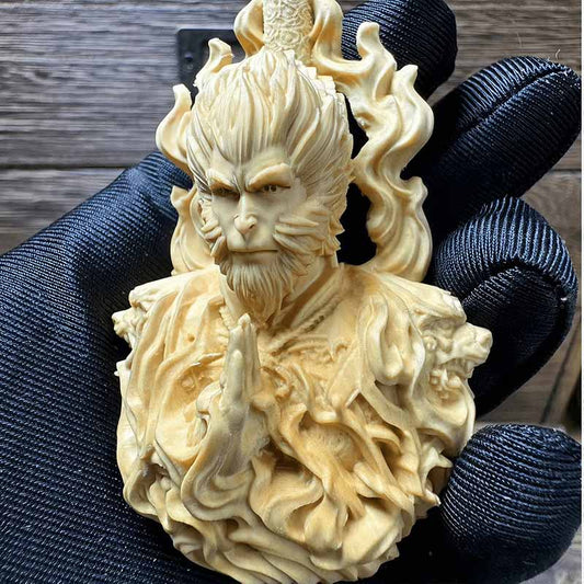 Hand-Carved Boxwood “ Wukong” Pendant – Monkey King Sculpture
