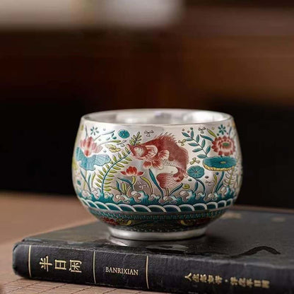 Handcrafted Jianzhan Teacup Sterling Silver Gilt Ceramic Enamel