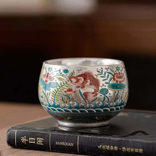 Handcrafted Jianzhan Teacup Sterling Silver Gilt Ceramic Enamel