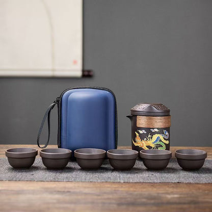 Handcrafted Yixing Color-Changing Dragon & Phoenix Travel Tea Set