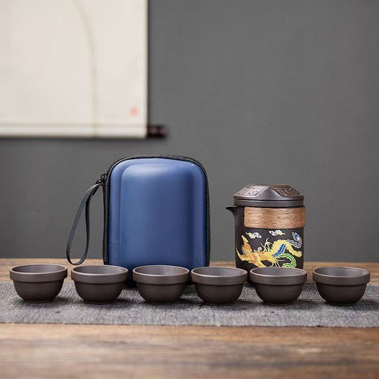 Handcrafted Yixing Color-Changing Dragon & Phoenix Travel Tea Set