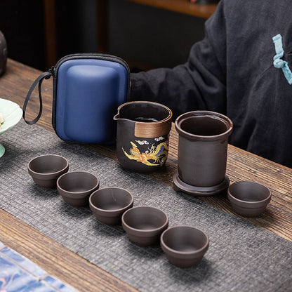 Handcrafted Yixing Color-Changing Dragon & Phoenix Travel Tea Set