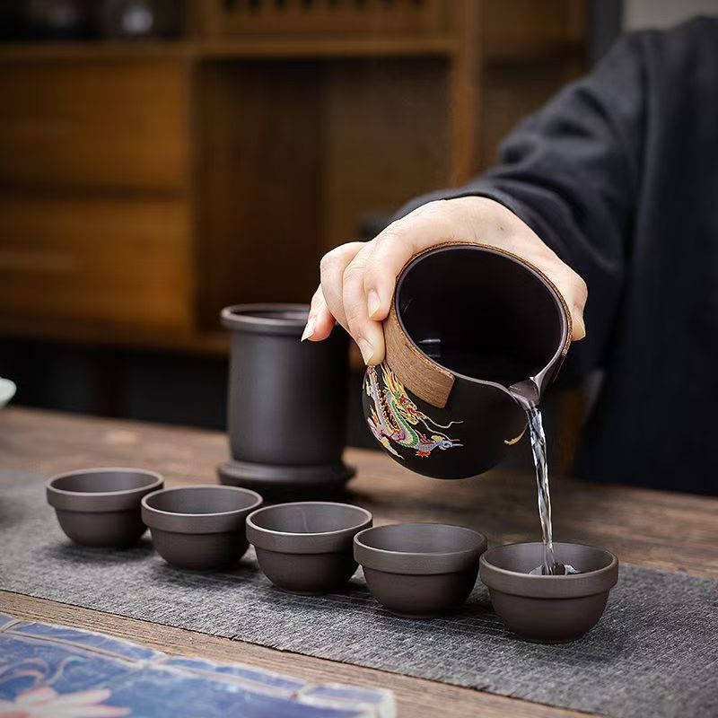 Handcrafted Yixing Color-Changing Dragon & Phoenix Travel Tea Set