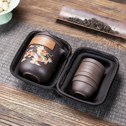 Handcrafted Yixing Color-Changing Dragon & Phoenix Travel Tea Set