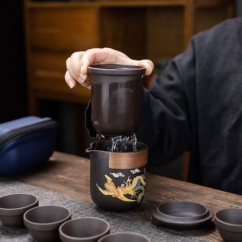 Handcrafted Yixing Color-Changing Dragon & Phoenix Travel Tea Set