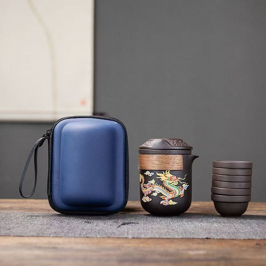 Handcrafted Yixing Color-Changing Dragon & Phoenix Travel Tea Set