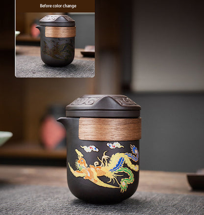 Handcrafted Yixing Color-Changing Dragon & Phoenix Travel Tea Set