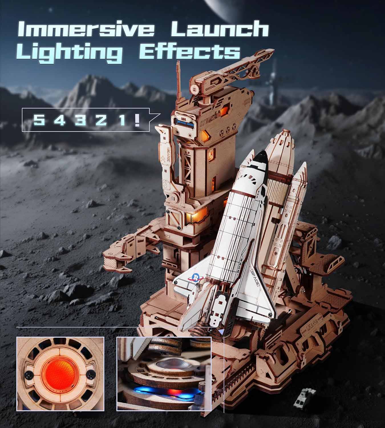 3D Space Shuttle Puzzle – Motorized Launch Base Model with LED Effects (1:420 Scale)