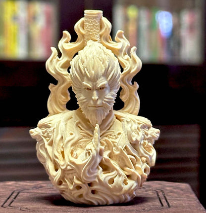 Hand-Carved Boxwood “ Wukong” Pendant – Monkey King Sculpture