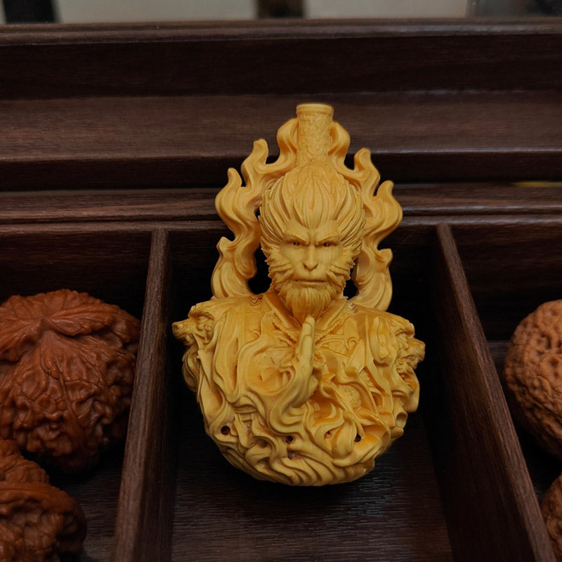 Hand-Carved Boxwood “ Wukong” Pendant – Monkey King Sculpture