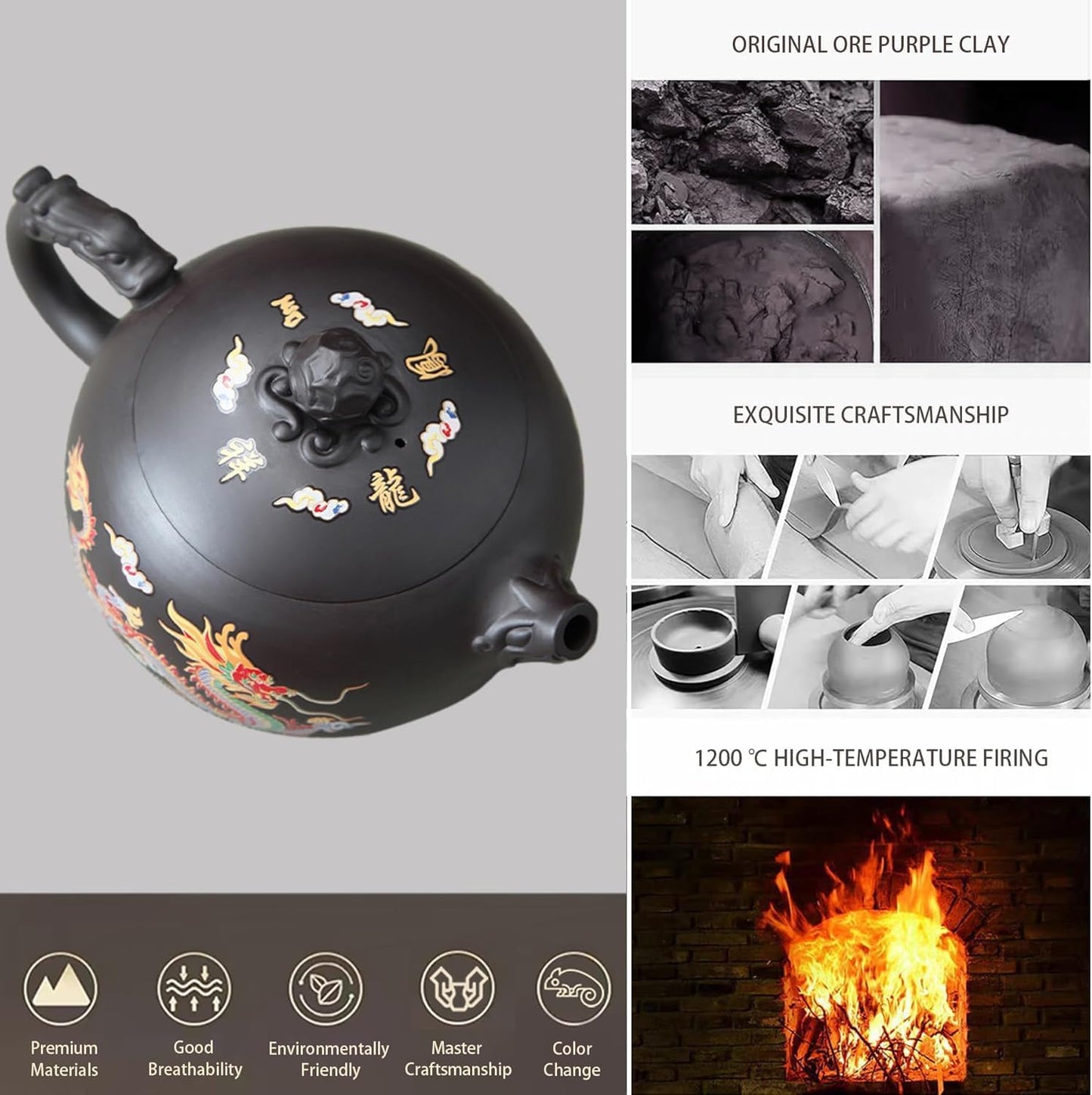 Yixing Zisha Teapot – Heat-Sensitive Color-Changing Xishi Pot with Dragon & Phoenix Design