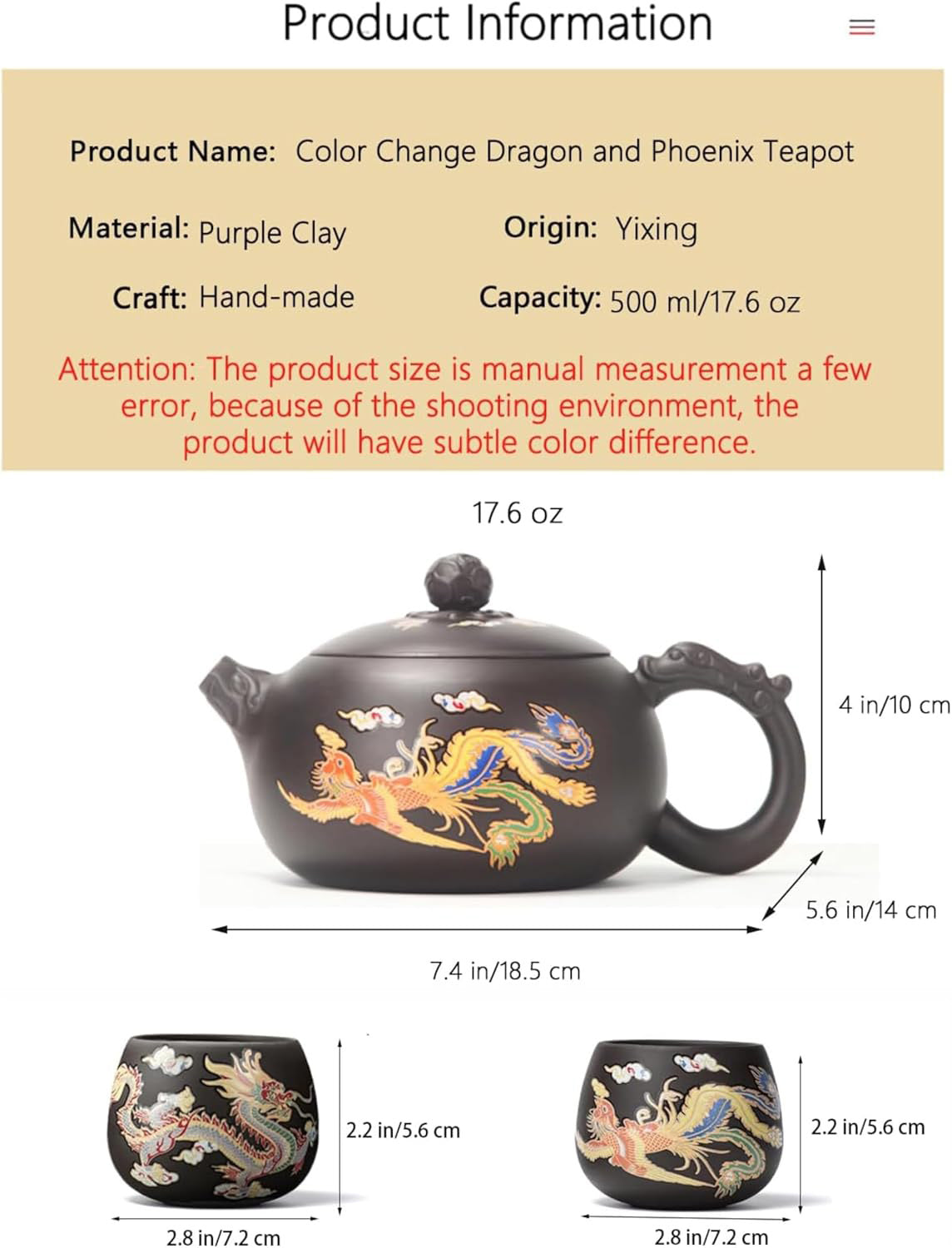 Yixing Zisha Teapot – Heat-Sensitive Color-Changing Xishi Pot with Dragon & Phoenix Design
