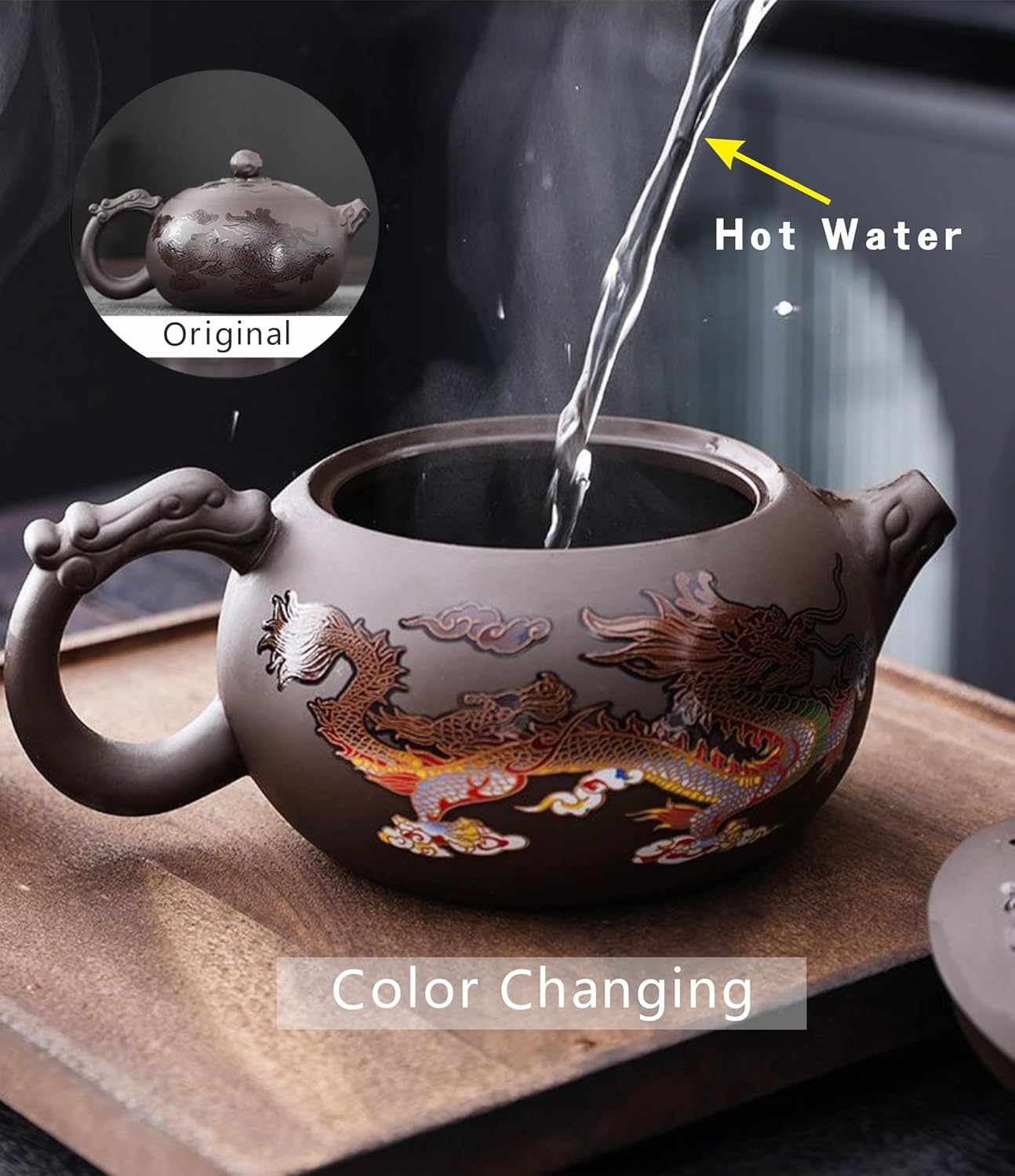 Yixing Zisha Teapot – Heat-Sensitive Color-Changing Xishi Pot with Dragon & Phoenix Design