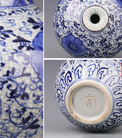 Handcrafted Crackle Glaze Blue and White Porcelain Vase