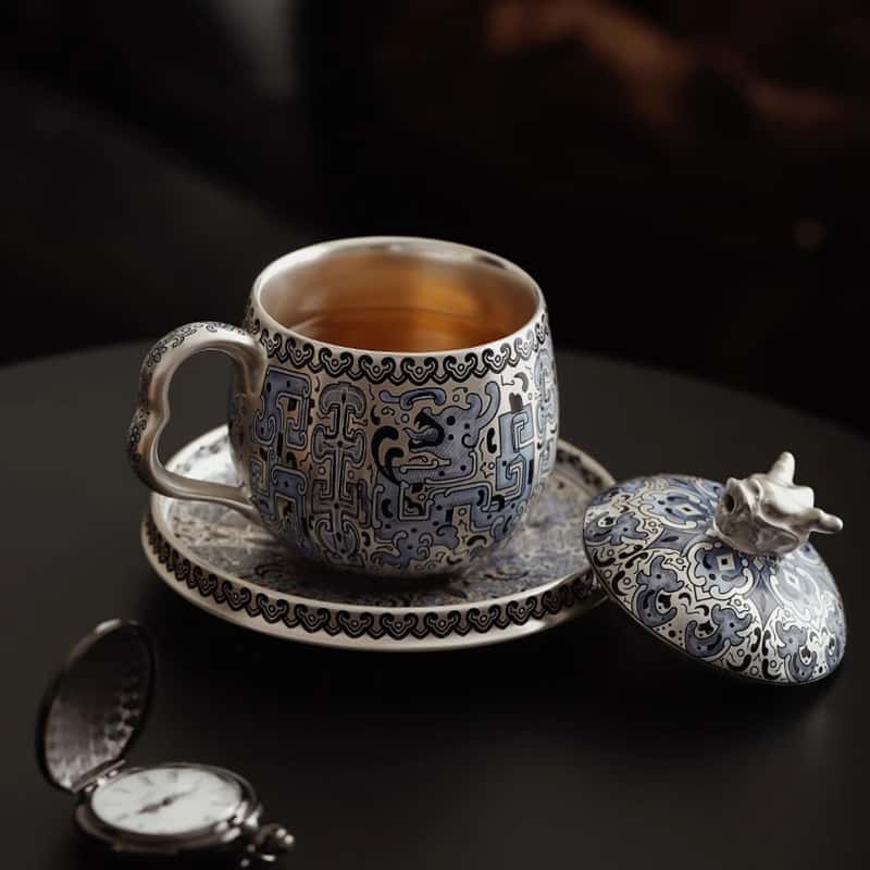 Chinese Taotie Sterling Silver Tea Cup