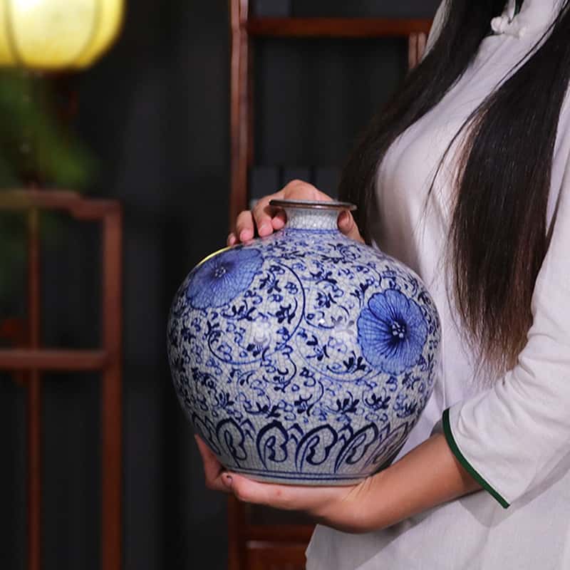 Handcrafted Crackle Glaze Blue and White Porcelain Vase