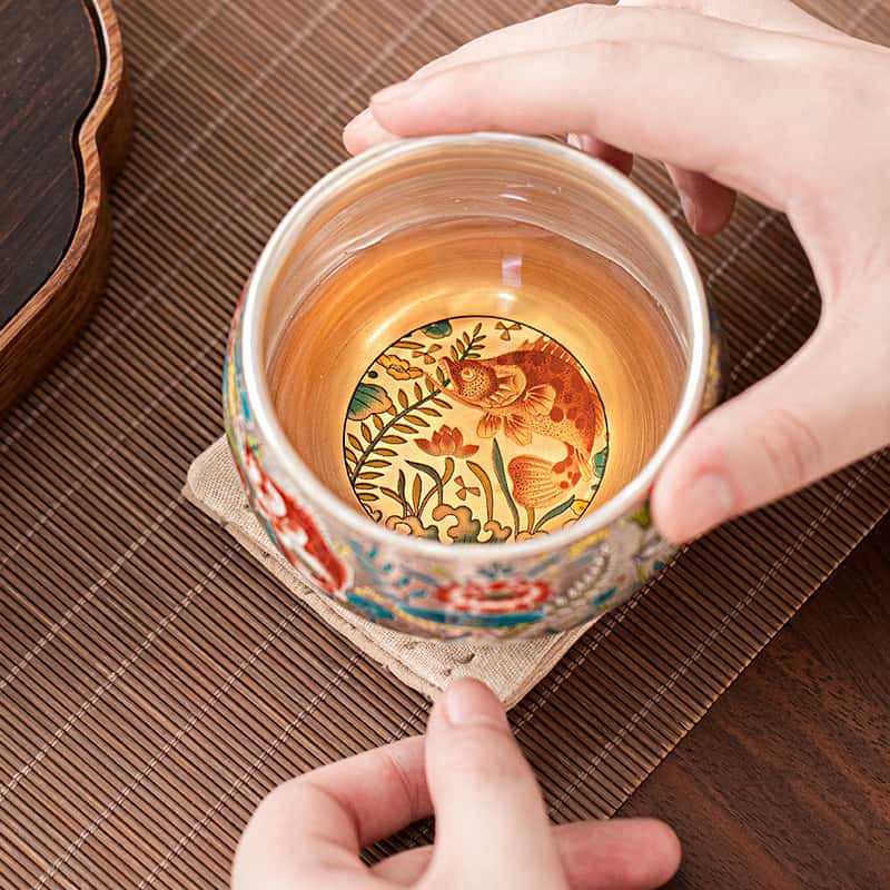 Handcrafted Jianzhan Teacup Sterling Silver Gilt Ceramic Enamel