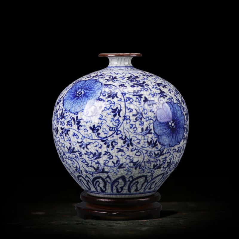 Handcrafted Crackle Glaze Blue and White Porcelain Vase
