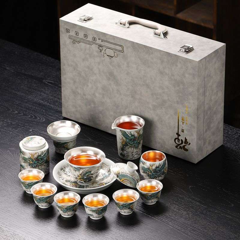 999 Fine Silver Dragon Tea Set – Porcelain with Silver Inlay Gaiwan & Teacups