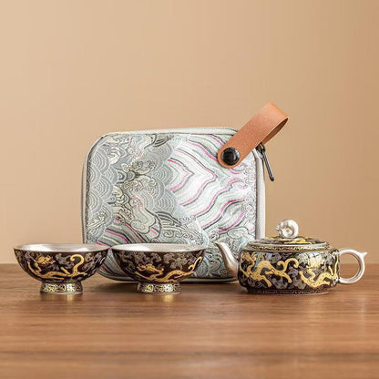 Handcrafted 999 Silver-Gilt Ceramic Travel Tea Set
