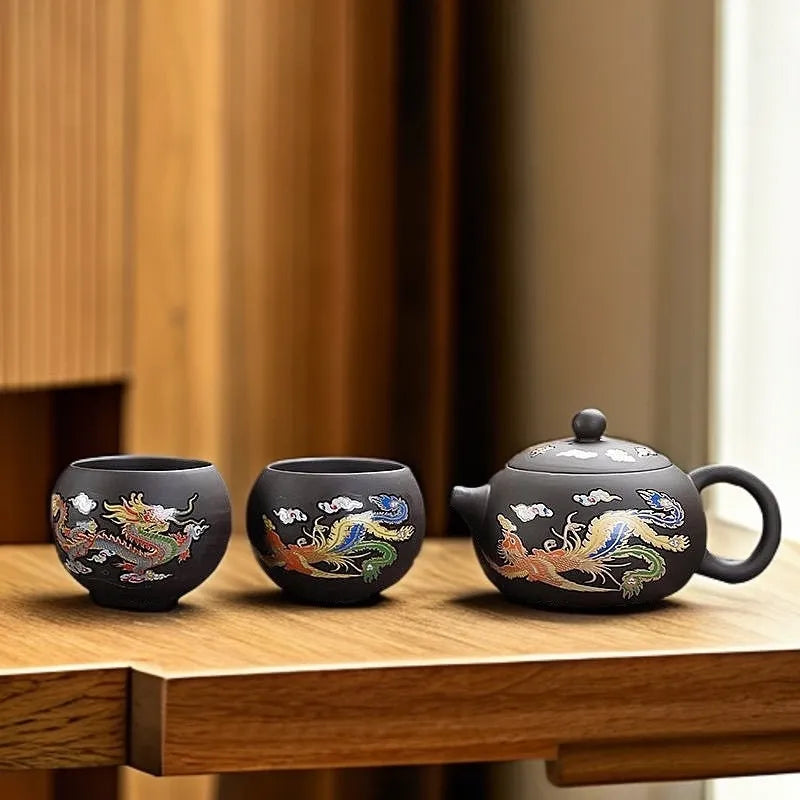 Yixing Zisha Teapot – Heat-Sensitive Color-Changing Xishi Pot with Dragon & Phoenix Design