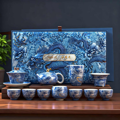 Handcrafted Silver Dragon Cloisonné Gongfu Tea Set – Enamel Mutton Fat Jade Gaiwan Teapot