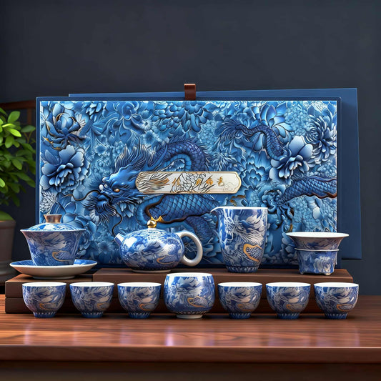 Handcrafted Silver Dragon Cloisonné Gongfu Tea Set – Enamel Mutton Fat Jade Gaiwan Teapot