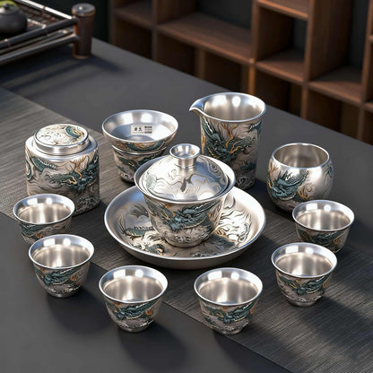 Handcrafted Azure Dragon 999 Fine Silver Tea Set